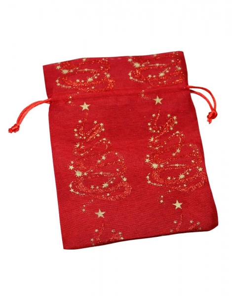 Weihnachtsbeutel rot, golden bedruckt mit Sternenmotiv und rotem Glitzer 14x19cm mit Zugband